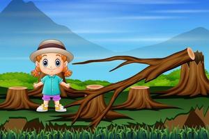 uma garotinha de pé perto de pedaços de árvore devido ao desmatamento vetor