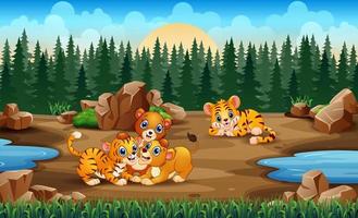 famílias de tigres e leões brincando no campo vetor