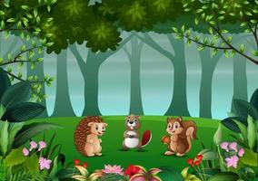 ilustração de vários animais na floresta escura vetor