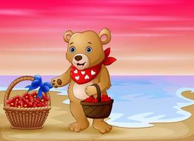 um urso com uma cesta de coração vermelho à beira-mar