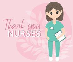 dia internacional da enfermeira 12 de maio. feliz enfermeira feminina de uniforme. cores rosa e menta. formato de cartão com letras. obrigado enfermeiros. vetor