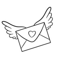 envelope fechado voador. carta com asas de coração e anjo. ilustração vetorial com contorno. para cartões, cartazes, estampas em roupas, emblemas, logotipos vetor
