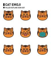 conjunto de ícones de contorno cheio de emoji de gato. vetor