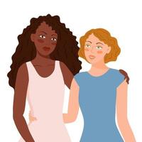 dois amigos se abraçando carinhosamente. retrato de duas namoradas multirraciais abraçando. meninas multiculturais abraçando ilustração vetorial de desenho animado plana. movimento feminino, feminismo ativista. vetor