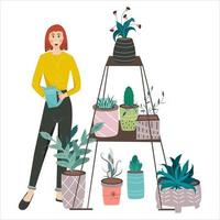 menina do jardim em casa com regador rega flores no rack em vasos domésticos. variedade de folhas, cactos na prateleira. mulher sorridente cuidando de plantas. cultivo de plantas de hobby. ilustração vetorial plana. vetor