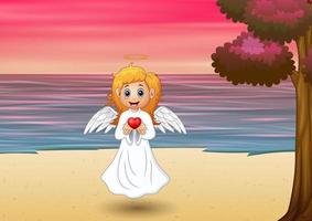 menina anjo apresenta um coração vermelho na praia vetor