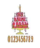 ilustração de um bolo de creme rosa festivo. vetor. estilo de desenho animado de números de vela. um conjunto de decorações de aniversário. imagem engraçada. vetor