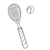 raquete e bola de tênis. raquete de badminton ou tênis de mesa. arte de linha de equipamentos esportivos. ilustração vetorial mão desenhar doodle isolado no fundo branco. vetor