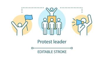 ícone do conceito de líder de protesto. demonstração pública, ilustração de linha fina de ideia de greve social. ativista segurando a bandeira, a multidão e o manifestante com desenho de contorno isolado de vetor de megafone. curso editável