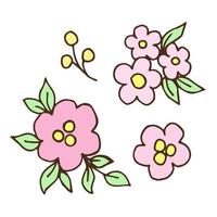 conjunto de vetor floral de cor calma delicada. pequenas flores cor de rosa, folhas verdes, isoladas no fundo branco. para estampas, padrões, cartões postais, convites, etiquetas.