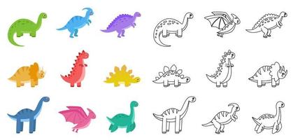 conjunto de dinossauros de desenhos animados para colorir. ilustração em  vetor preto e branco. jogo educativo infantil. estilo cartoon plana.  5871317 Vetor no Vecteezy