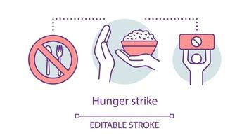 ícone do conceito de greve de fome. recusa voluntária de alimentos, ilustração de linha fina de ideia de protesto não violento. talheres com sinal de stop, tigela de arroz e desenho de contorno isolado de vetor de manifestante. traço editável