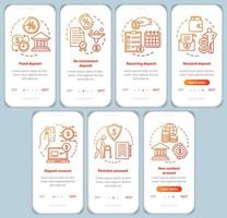 poupança, investimento de depósito onboarding modelo de vetor de tela de página de aplicativo móvel. diferentes tipos de depósito. Passo a passo do site com conjunto de ilustrações lineares. ux, conceito de interface de smartphone ui