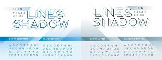 letras e números do alfabeto de sombra de linha moderna, fonte de estilo de linha fina moderna com sombra vetor