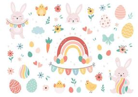 páscoa com ovos pintados, coelhos, arco-íris e galinhas. desenhado à mão vetor