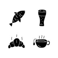 bebidas com lanches doodle conjunto de ícones de glifo. bebidas prejudiciais e saudáveis com símbolos de silhueta de aperitivos. peixe, copo de cerveja, croissant e ilustração isolada do vetor de chá quente. comida deliciosa