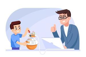 aula de robótica para ilustração vetorial plana de crianças. pai e filho montagem e droid de programação. depois do clube escolar. atividade extracurricular. menino e professor criando personagens de desenhos animados de robôs vetor