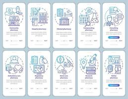 tipos e serviços de farmácia que integram o modelo de vetor de tela de página de aplicativo móvel. farmacologia hospitalar. site passo a passo com ilustrações lineares. ux, ui, gui conjunto de conceito de interface de smartphone