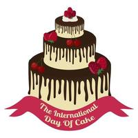 grande bolo de chocolate com creme, morangos, cerejas. dia internacional do bolo. vetor. vetor