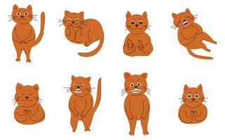 um conjunto de gatos vermelhos com emoções diferentes em um estilo desenhado à mão. vetor