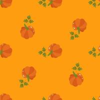 padrão sem emenda de outono com abóboras laranja coloridas com folhas verdes. ilustração vetorial em um fundo amarelo. para design de embalagem, papel de embrulho, impressão em papel ou tecido vetor