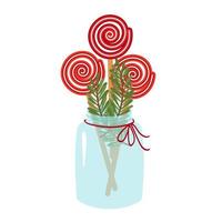 pirulitos são redondos em uma vara com listras vermelhas e brancas em uma jarra de vidro com uma fita vermelha. ilustração vetorial de natal de doces, confeitaria vetor