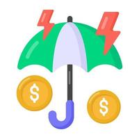 guarda-chuva com moedas denotando ícone plano de seguro de dinheiro vetor