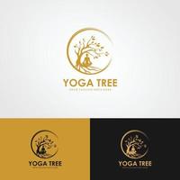 logotipo de ioga de árvore. silhueta de uma pessoa em meditação em uma moldura redonda. a imagem da natureza, a árvore da vida. desenho do emblema do tronco, folhas, coroa e raízes do vetor do logotipo tree.yoga,