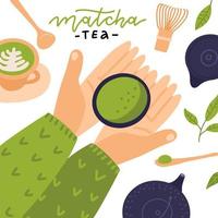 chá verde matcha, colher de pau e batedor, folha de chá verde sobre fundo branco. duas mãos com copo. vista superior, ilustração vetorial plana leiga. vetor