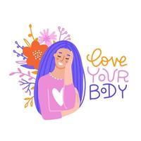 cartaz positivo do corpo com texto de letras desenhado à mão - ame seu corpo. menina com cabelo bonito num contexto de folhas e flores. personagem feminina. amor próprio. ilustração vetorial plana. vetor