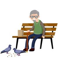 homem senta-se no banco e alimenta pombos. elemento de parque e cidade. ilustração plana dos desenhos animados. avô no banco. sênior com bengala. resto do pensionista. aves e migalhas de pão vetor