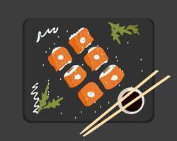 Filadélfia sushi são lindamente dispostos com vista superior do molho em um fundo preto. ilustração vetorial de comida japonesa vetor