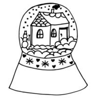 ilustração vetorial de um contorno em um estilo moderno plano de um globo de neve de vidro com uma paisagem de inverno e um boneco de neve vetor
