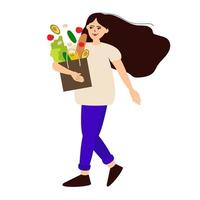 mulher na mercearia. conceito de compras. desenho animado jovem fêmea fazendo compras. linda garota isolada carregando sacos com produtos alimentares. personagem vetorial compra frutas e legumes na mercearia
