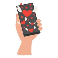 enviando o conceito de mensagem de amor. mão segurando o telefone com coração. ilustração vetorial. vetor