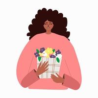 linda mulher negra ou uma mulher afro-americana tem um buquê de flores da primavera nas mãos dela. vetor