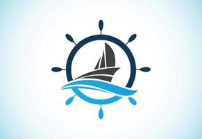 modelo de design de logotipo de navio, cruzeiro ou barco, símbolo de sinal de ícone de iate com ilustração vetorial de ondas do mar vetor