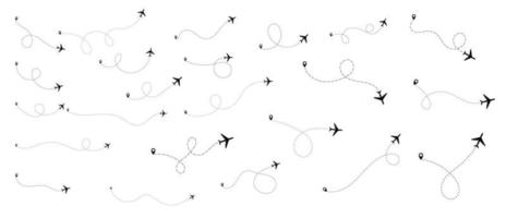 rotas de avião definidas. caminhos planos. rastreamento de aeronaves, aviões, viagens, pinos de mapa, pinos de localização. ilustração vetorial.