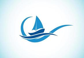 modelo de design de logotipo de navio, cruzeiro ou barco, símbolo de sinal de ícone de iate com ilustração vetorial de ondas do mar vetor