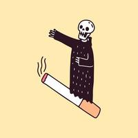 esqueleto andar de cigarro, ilustração para t-shirt, adesivo ou mercadoria de vestuário. com doodle, pop suave e estilo cartoon. vetor