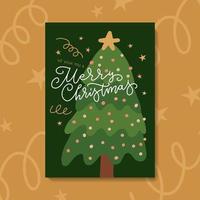 silhueta desenhada de mão de árvore de natal com enfeites de bola. ilustração vetorial plana, modelo de design, cartão, convite. tamanho a4 vetor