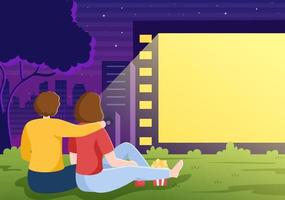 noite de cinema de cinema com sistema de som para assistir filme em tela grande ao ar livre em ilustração de fundo de design plano para pôster ou banner vetor