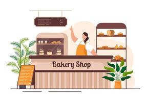 prédio de padaria que vende vários tipos de pão, como pão branco, pastelaria e outros, todos assados em fundo plano para ilustração de pôster