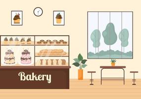 prédio de padaria que vende vários tipos de pão, como pão branco, pastelaria e outros, todos assados em fundo plano para ilustração de pôster