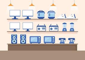 loja de eletrônicos que vende computadores, tv, celulares e compra de produtos de eletrodomésticos em ilustração de fundo plano para pôster ou banner vetor