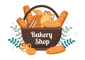 padaria que vende vários tipos de pão, como pão branco, pastelaria e outros todos assados em fundo plano para ilustração de pôster