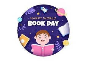 dia mundial do livro ilustração plana de fundo dos desenhos animados com crianças. pilha de livros para leitura, aumentar a percepção e o conhecimento adequado para papel de parede ou pôster vetor