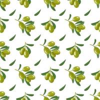 sem costura padrão com ramo de azeitonas verdes com frutas e folhas. impressão de comida tradicional grega em fundo branco. ilustração vetorial plana vetor