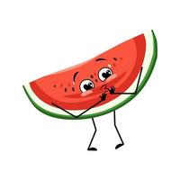 personagem de melancia com emoções de amor, rosto de sorriso, braços e pernas. pessoa com expressão feliz, emoticon de frutas ou bagas. ilustração vetorial plana vetor