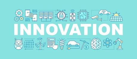 bandeira de conceitos de palavra inovação. progresso tecnológico. ideia de tipografia de letras isoladas com ícones lineares. aprendizado de máquina. tecnologias modernas. ilustração de contorno vetorial vetor